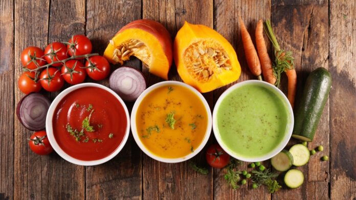 assorted of colored vegetable soup- tomato, pumpkin and zucchini soup