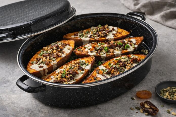 בטטות אפויות ברוסטר עם טחינה גולמית, גרעינים ופירות יבשים, באדיבות סולתם (1)